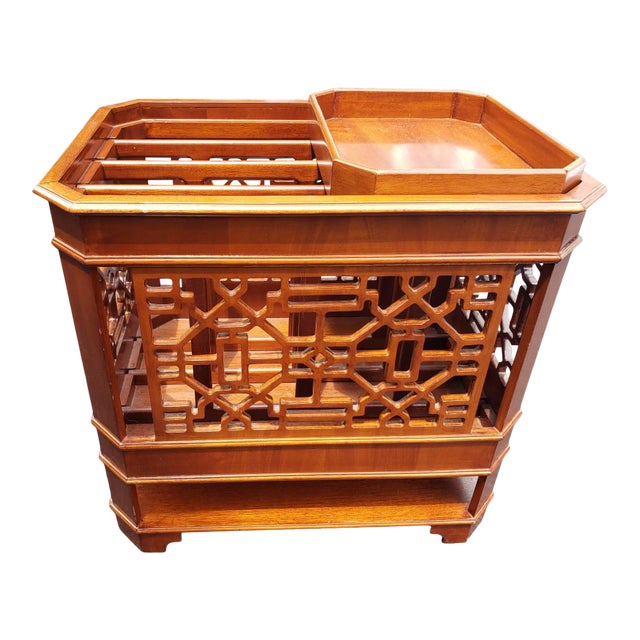 1990s Fruitwood Chippendale Magazine Rack With Sliding Tray For Sale