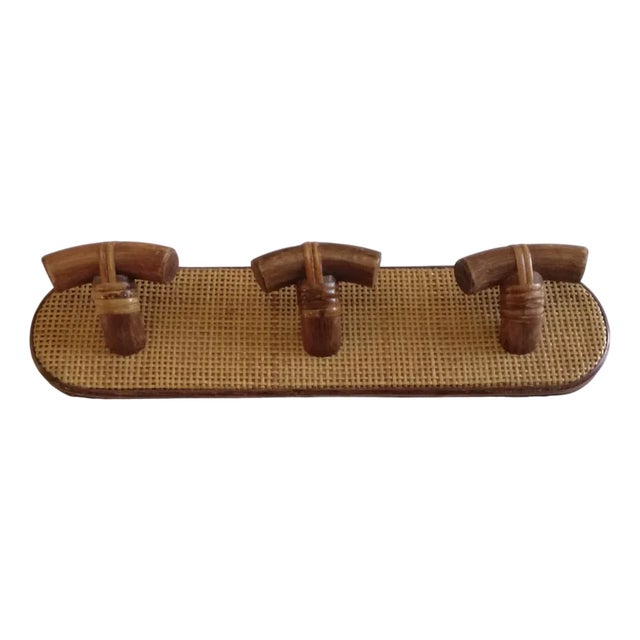 Wall-Mounted Coat Rack with Three Hooks in Cane and Rattan For Sale