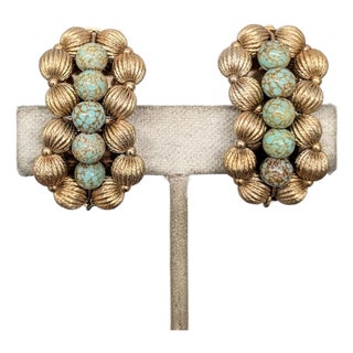 Vintage 1950s Signed Napier Goldtone Faux-Turquoise Beaded Clip Earrings-2 Pieces For Sale