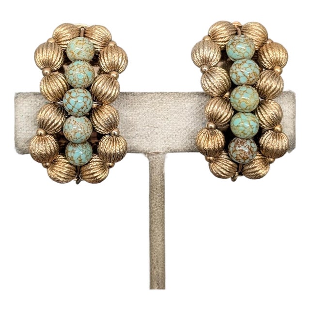 Vintage 1950s Signed Napier Goldtone Faux-Turquoise Beaded Clip Earrings-2 Pieces For Sale