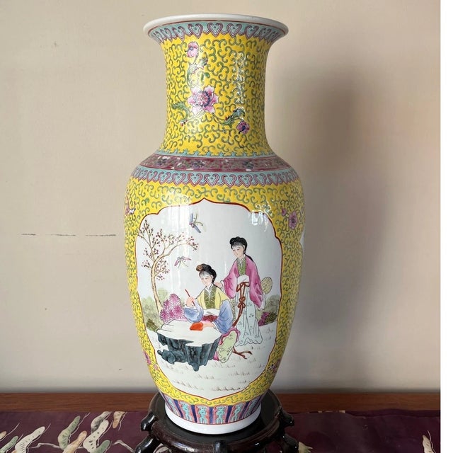 Mid 20th Century Mid 20th Century 18" Chinese Famille Jaune Porcelain Vase - Hand Painted Maiden Scene For Sale - Image 5 of 9