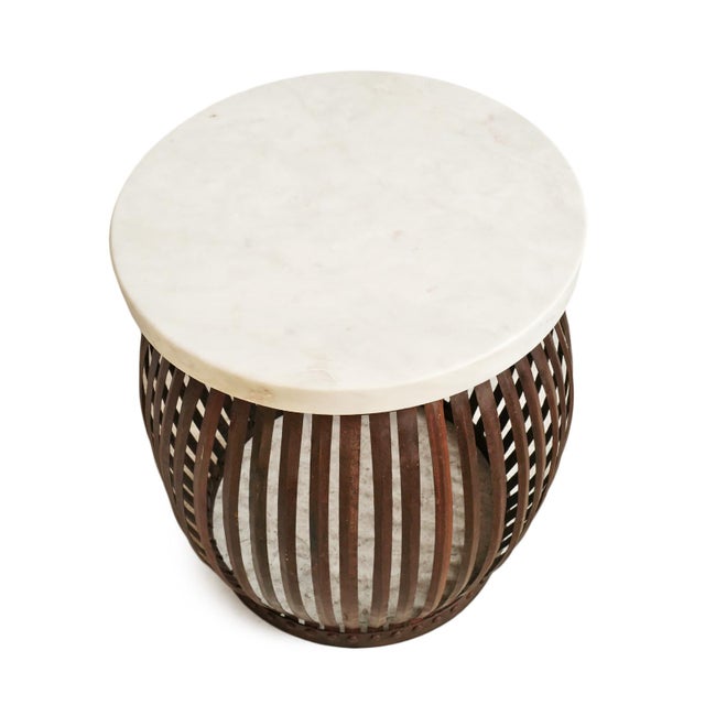 White Marble Iron Strap Barrel Side Table | Chairish
