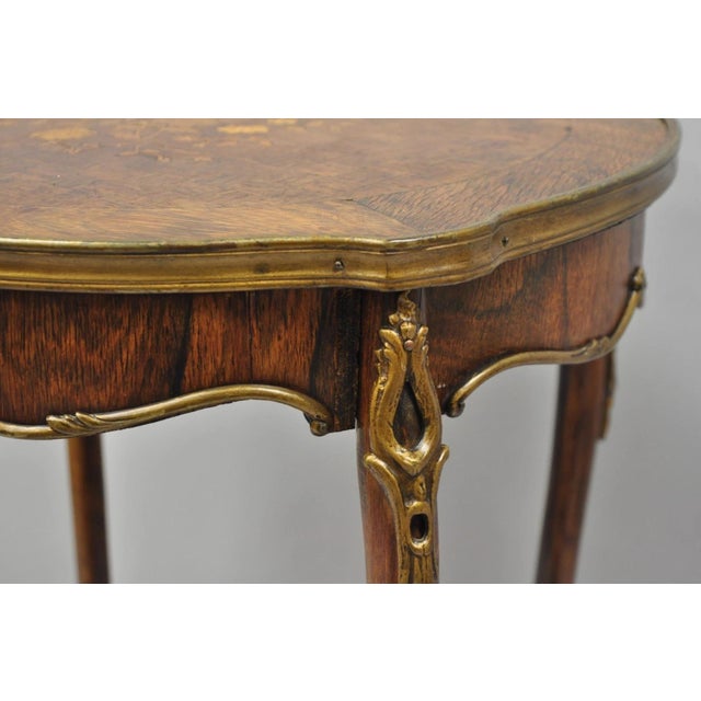 Antique French Louis XV Style Marquetry Inlay Bronze Ormolu Rosewood Side Table For Sale In Philadelphia - Image 6 of 16