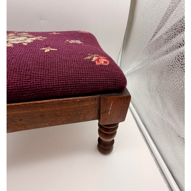 Wood Vintage French Provincial Needlepoint Footstool in Burgundy Wool With Floral Motif For Sale - Image 7 of 7