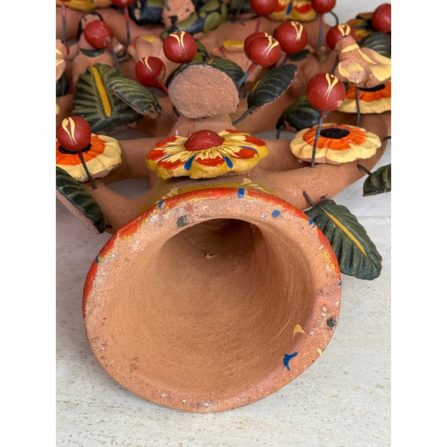 Orange Mexican Folk Art Ceramic Candelabra Tree of Life Adam and Eve For Sale - Image 8 of 8