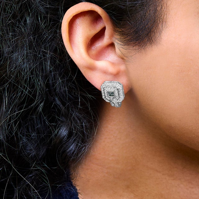 Early 21st Century 14K White Gold 1.0 Cttw Treated Blue and White Diamond Octagonal Shield Omega Back Earrings (H-I Color, SI1-SI2 Clarity) For Sale - Image 5 of 6