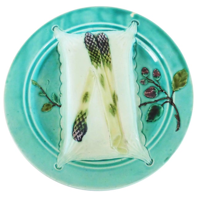 19th Century French Majolica Luneville Turquoise Asparagus Plate For Sale - Image 4 of 4