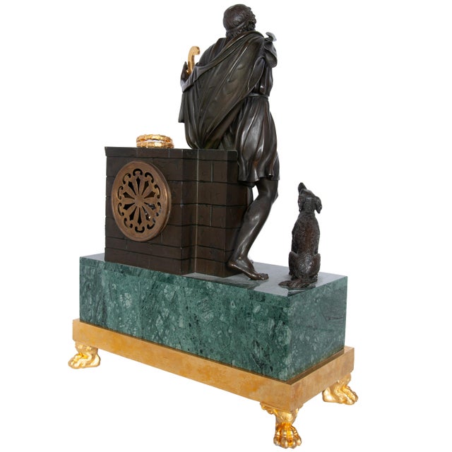Antique French Empire Gilt Bronze & Marble Statue Clock of Homer by Ravrio 1810 For Sale - Image 14 of 17