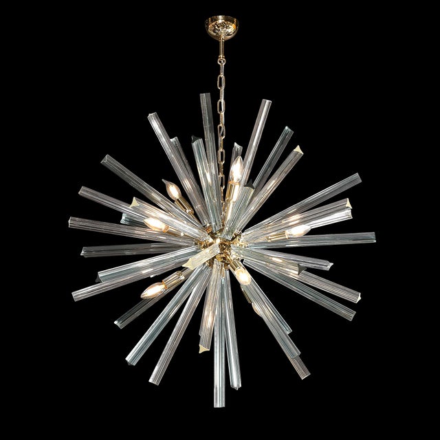 This breathtaking Modernist Hand-Blown Murano Smoked Aquamarine Camer Glass Sputnik Chandelier originates from Italy...