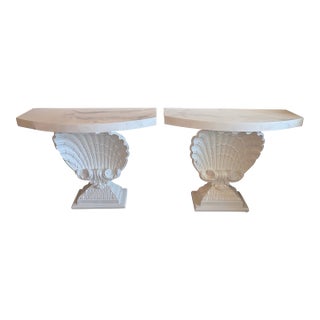 Grosfeld House Seashell Shell Scalloped Pair Demi Lune Wall Console Table Marble For Sale