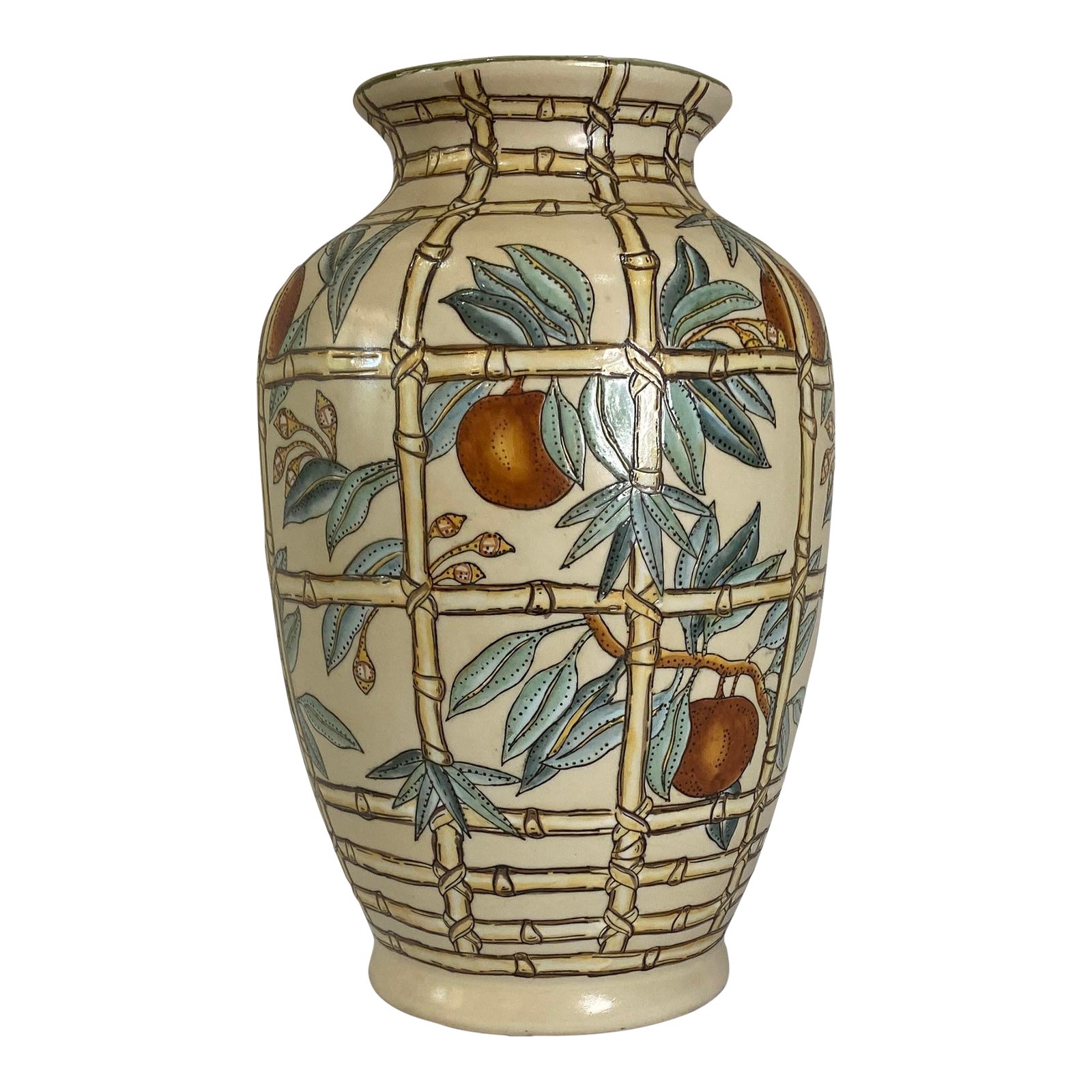 Vintage Asian Style Ceramic Vase With Hand Painted Bamboo and Peaches ...