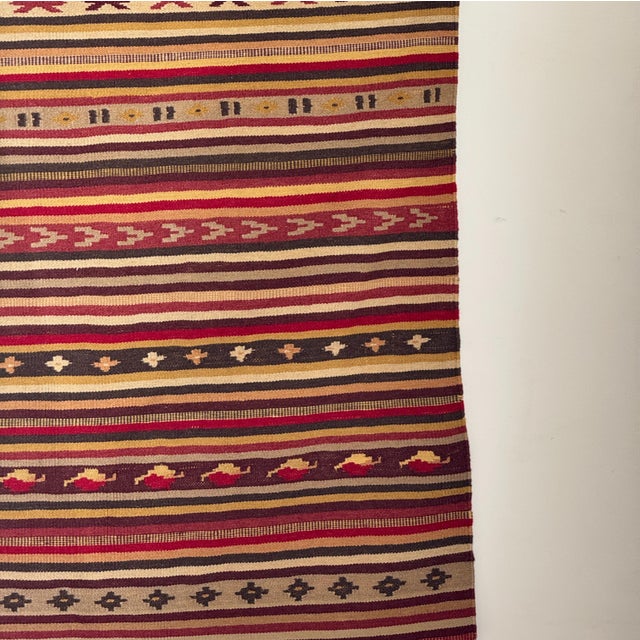 Large Indian Beige Rug with Red, Yellow and White Stripes and Geometric Borders, 1980s For Sale - Image 6 of 18