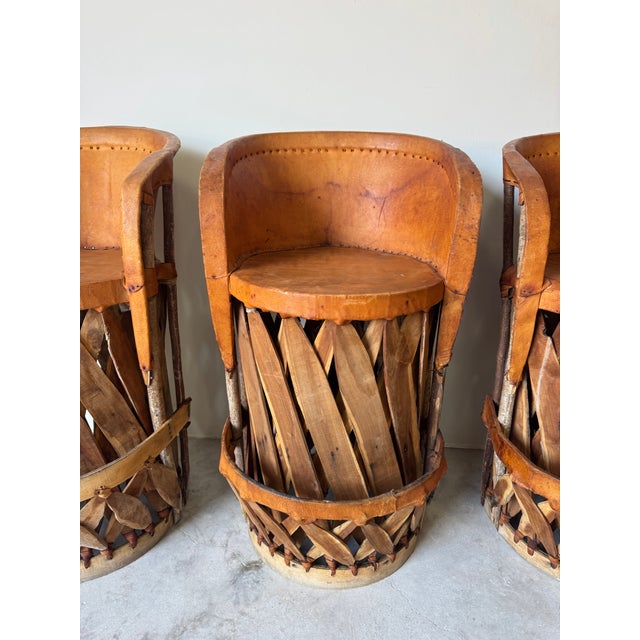 Vintage Mexican Southwest Equipale Leather and Cedar Wood Bar Stools — Set of 3 For Sale - Image 11 of 12
