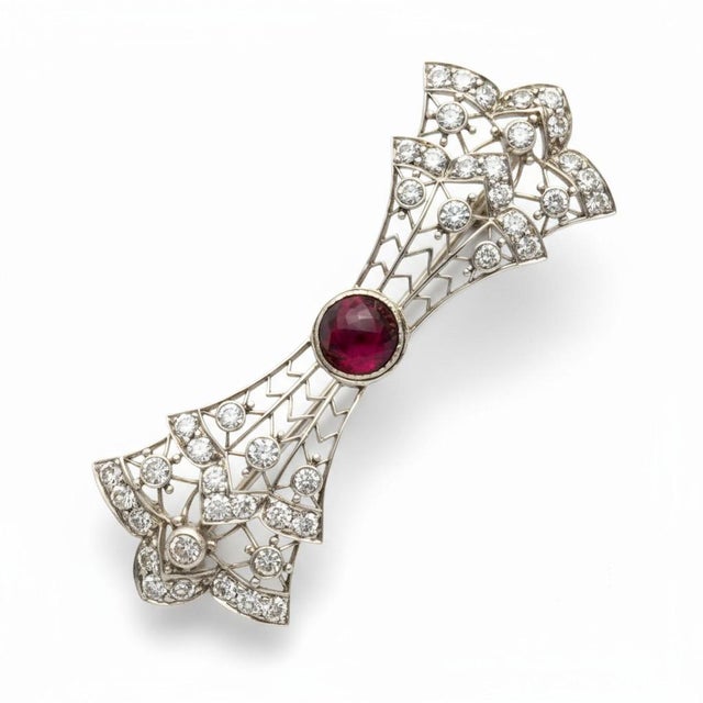 Metal 1930s Platinum and White Gold Diamond Bow Brooch With Burma Ruby Center For Sale - Image 7 of 8