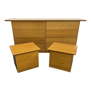 Mid-Century Modern Scandinavian Beech Dresser & Pair of Nightstands, 3 Pieces For Sale