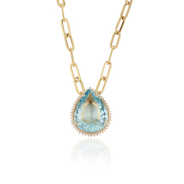 Certified 14.22Ct Aquamarine & Diamond Paperclip Pendant Necklace in 14k Gold For Sale - Image 4 of 17
