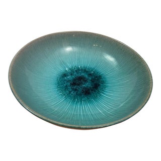 Vintage Studio Pottery Ceramic Bowl With Glaze in Turquoise Tone Signed For Sale