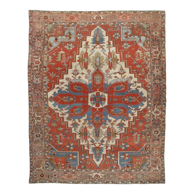 Antique Persian Serapi Carpet, Handmade Wool Oriental Rug, Rust, Ivory, Lit Blue For Sale