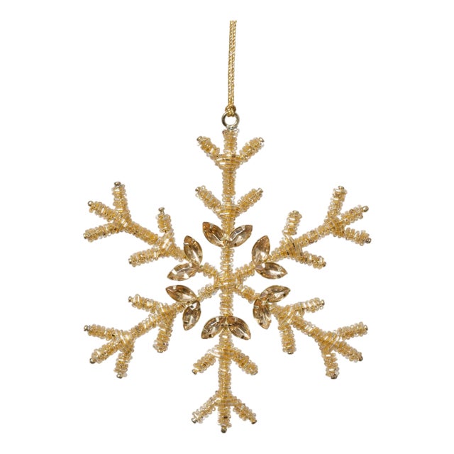 Golden Beaded Snowflake Ornaments, Set of 12, 6" For Sale