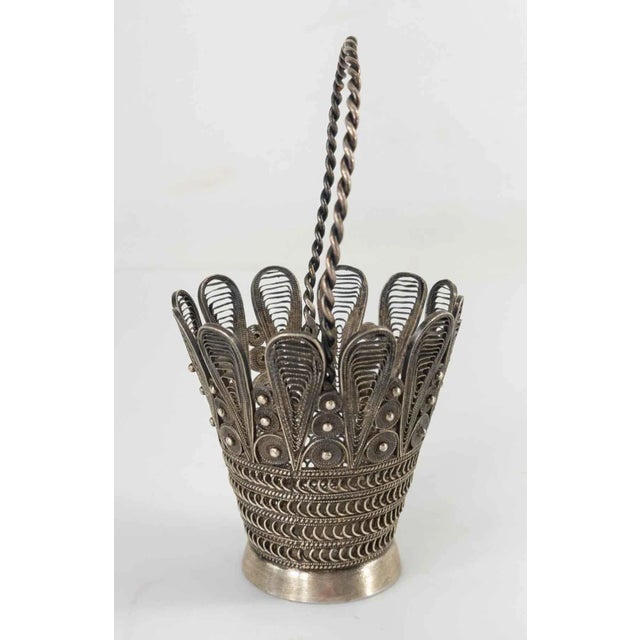Traditional Silver Wire Filigree Decorative Basket For Sale - Image 3 of 10