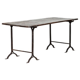 19th Century Iron & Pine Trestle Table, 1890s For Sale
