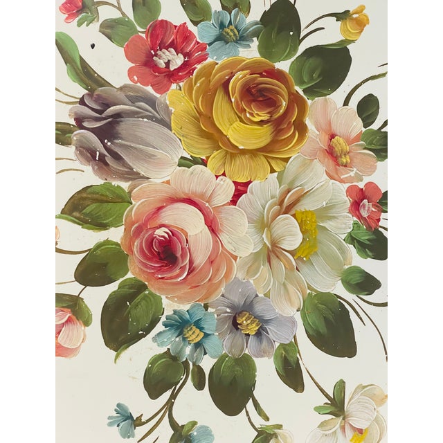 Beautiful antique American tole tray with Handpainted Floweers on white background.