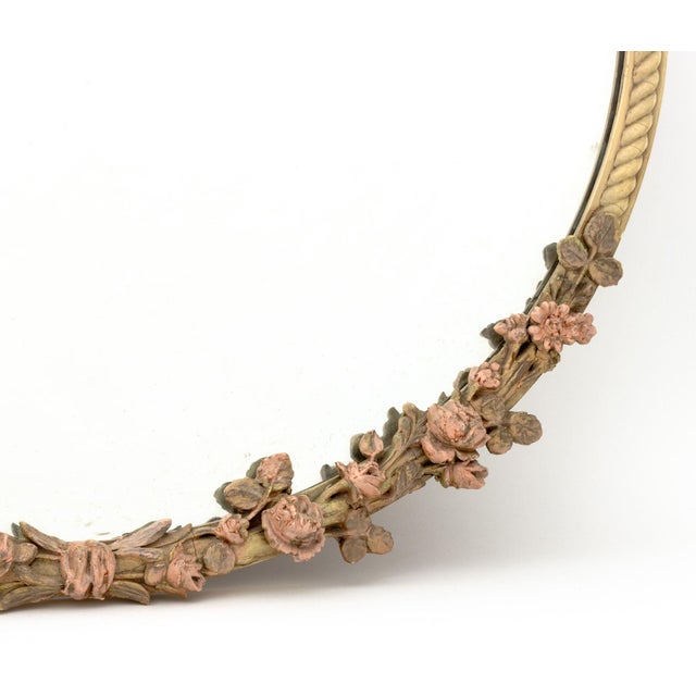 Late 20th Century Floral Motif Painted Carved Wood Circular Mirror For Sale - Image 5 of 7