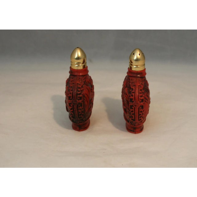 Vintage 1950s Asian Red Carved Snuff Bottles Plastic Salt & Pepper Shakers For Sale - Image 4 of 8