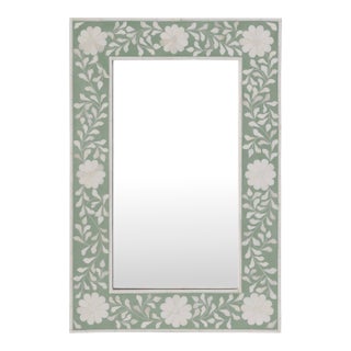 Vivienne 16 in. W x 24 in. H Rectangular Bone Inlay Horizontal or Vertical Hanging Accent Wall Mirror, Green Bone For Sale