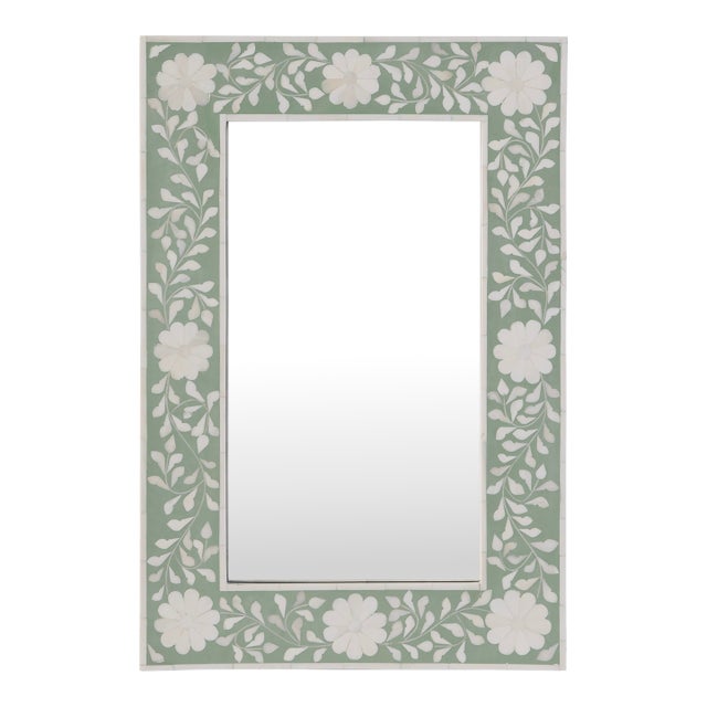 Vivienne 16 in. W x 24 in. H Rectangular Bone Inlay Horizontal or Vertical Hanging Accent Wall Mirror, Green Bone For Sale
