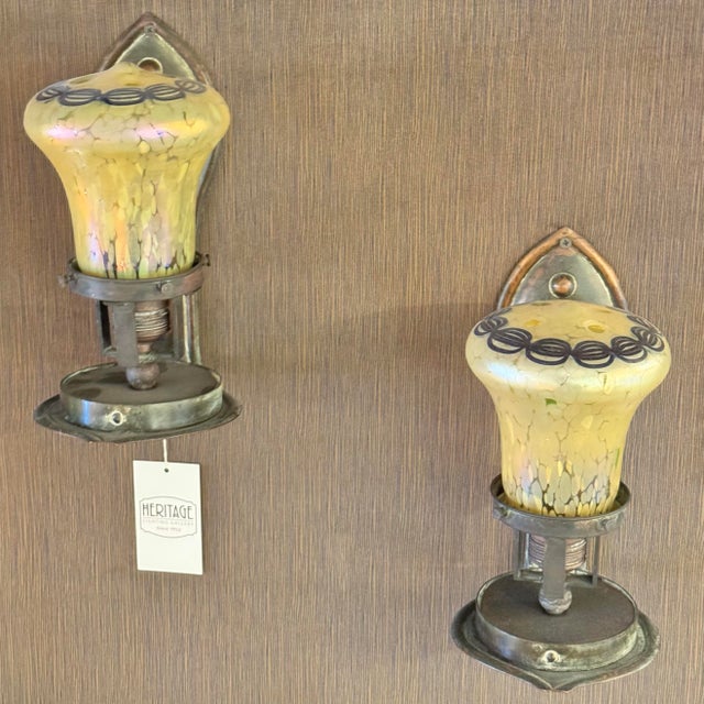 Art Nouveau Pair of Early 1900’s Sconces With Rare Glass Shades Attributed to Loetz For Sale - Image 3 of 5