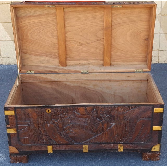 Wood 20th Century Chinese Carved Camphorwood Coffer With Brass Accents For Sale - Image 7 of 11