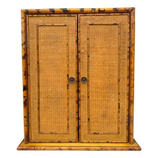 Vintage Tortoise or Scorched Bamboo Woven Rattan Two-Door Wall Cabinet, 1970s For Sale