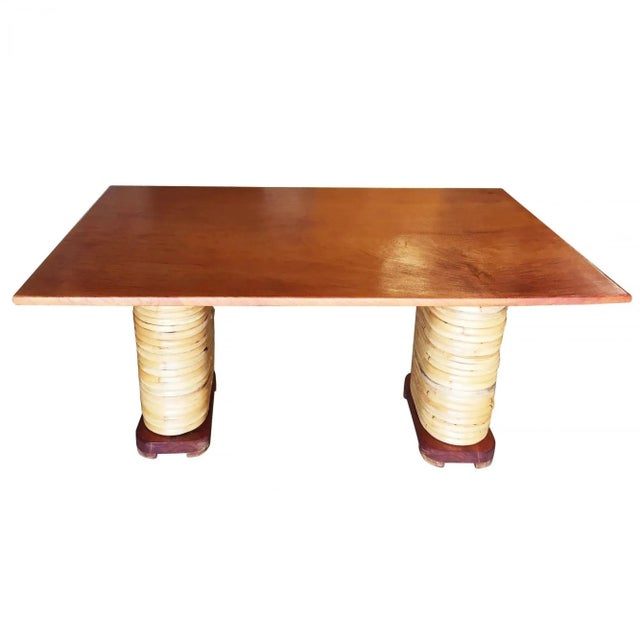 Paul Frankl Restored Stacked Rattan Double Mahogany Pedestal Dining Table For Sale - Image 4 of 8