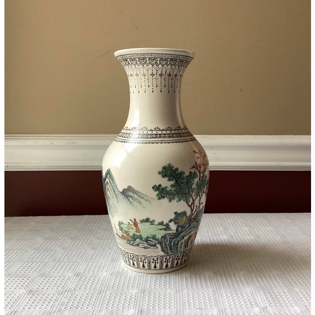 Vintage Chinese Porcelain Hand Painted Vase, Inscribed & Marked, 11" Tall For Sale - Image 11 of 12