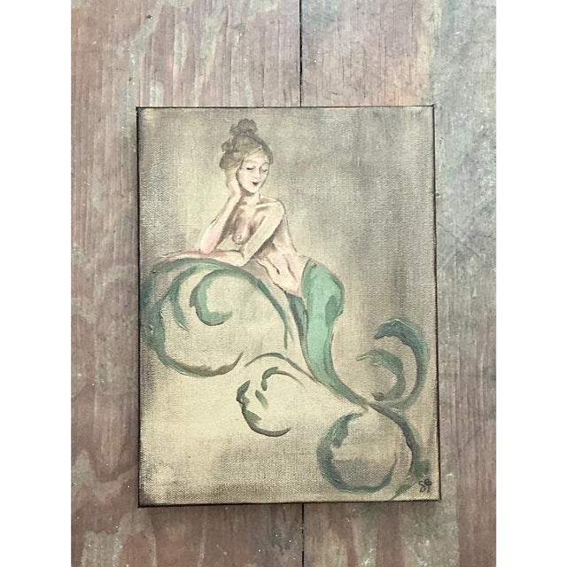 Taupe Vintage Oil Painting of Mermaid on Canvas For Sale - Image 8 of 12