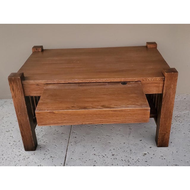 Rare 1900s Antique Mission Oak Craftsmen Library Table With Pullout Writing Desk With Ink Well For Sale - Image 9 of 16