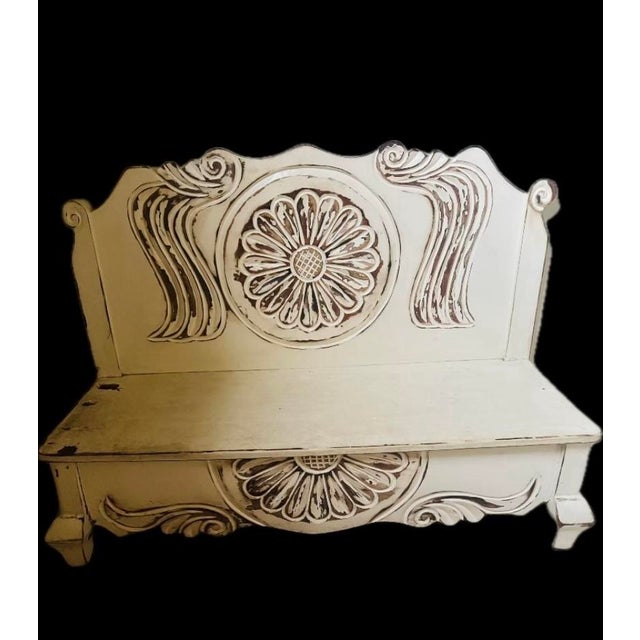 French Country French Country Style Rustic Bench With Carving Design For Sale - Image 3 of 9