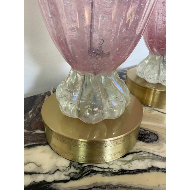 Vintage 1950s Venetian Glass Murano Ballerina Lamps in Pink With Brass Accents - a Pair For Sale - Image 10 of 13