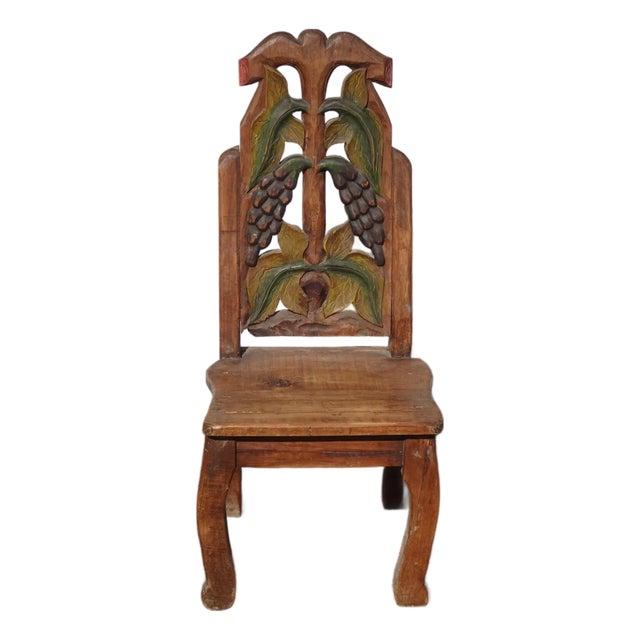 Vintage Rustic Country Style Side Chair W Carved Fruit Backrest For Sale