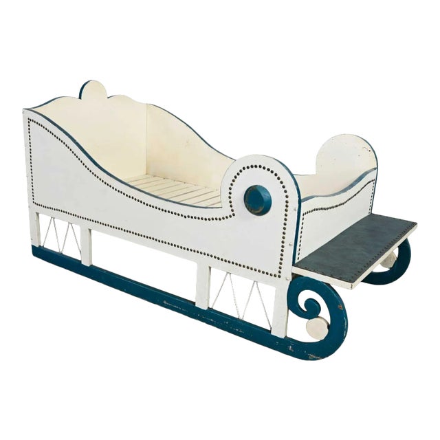 Vintage Sleigh-Style Child, Doll or Dog Bed White With Blue Trim & Nail Head Design For Sale