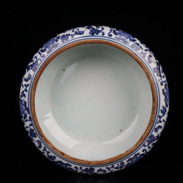 Ceramic Blue and White Porcelain Lidded Tea Cake Jar, Interlocking Lotus Scroll Storage Canister For Sale - Image 7 of 9