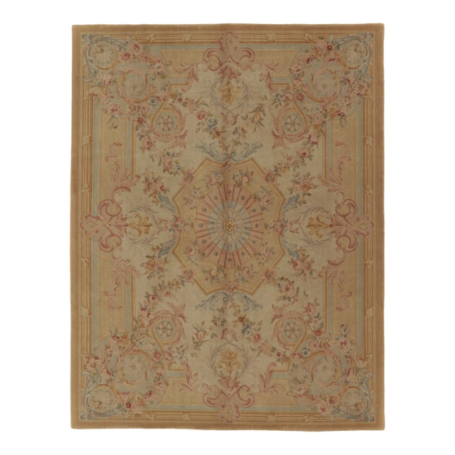 Antique French Aubusson Rug in Gold With Pastel Floral Medallions - Rug & Kilim For Sale
