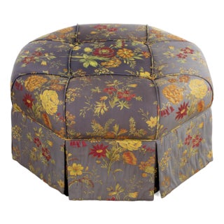 Late 20th Century Traditional Large Octagon Ottoman With Floral Tapestry Button Tufted Cushion Top For Sale