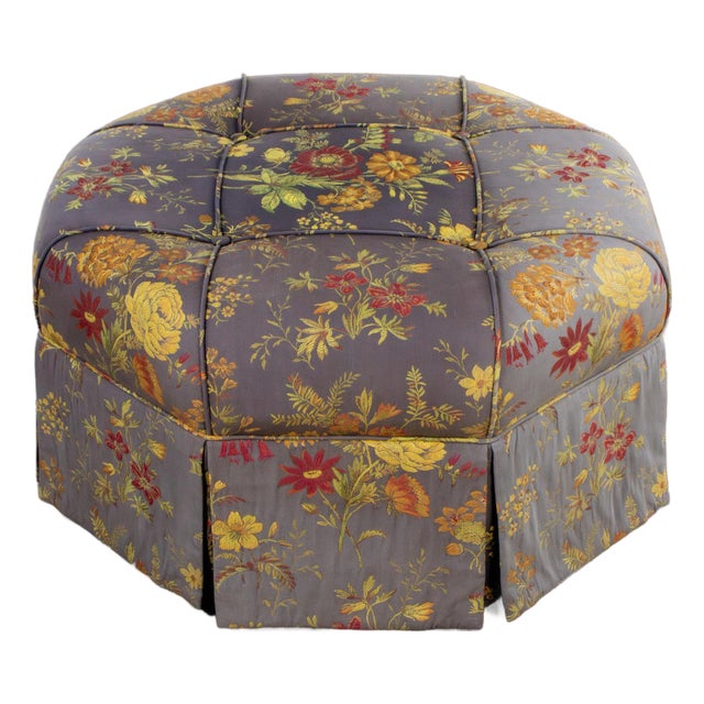 Late 20th Century Traditional Large Octagon Ottoman With Floral Tapestry Button Tufted Cushion Top For Sale