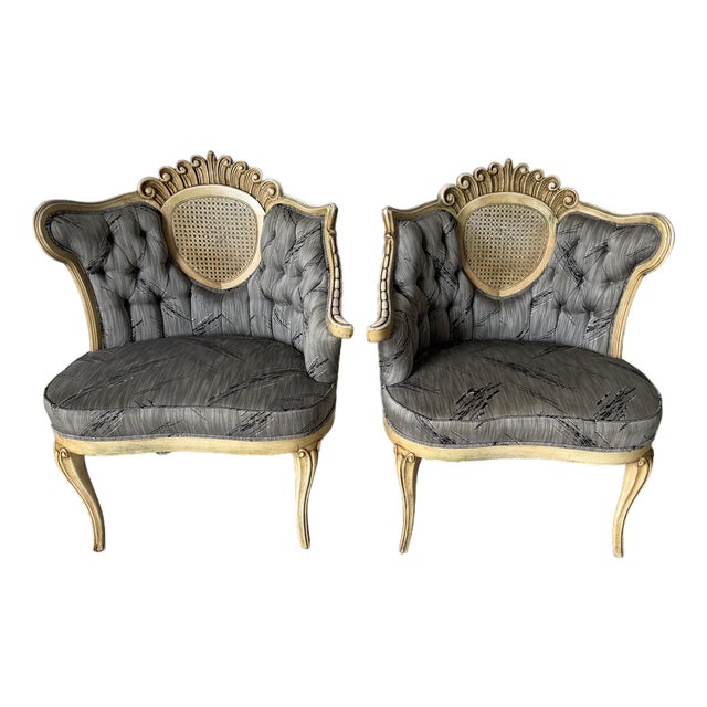Vintage Hollywood Regency Cane Back Tufted Lounge Chairs - A Pair For Sale