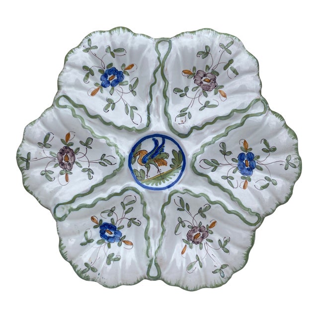 French Faience Oyster Plate With Bird Moustiers Style Circa 1940 For Sale