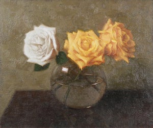 Two Yellow, One White by Mark Bradley Schwartz | Oil on canvas Still life of yellow and white roses