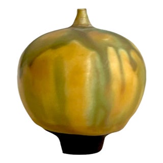1970s Rose and Erni Cabat Glazed Porcelain Feelie Vase, Green, Yellow Ceramic For Sale