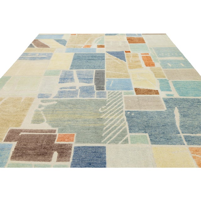 Modernist Color-Block Handcrafted Wool Area Rug With Abstract Painterly Grid For Sale - Image 9 of 12